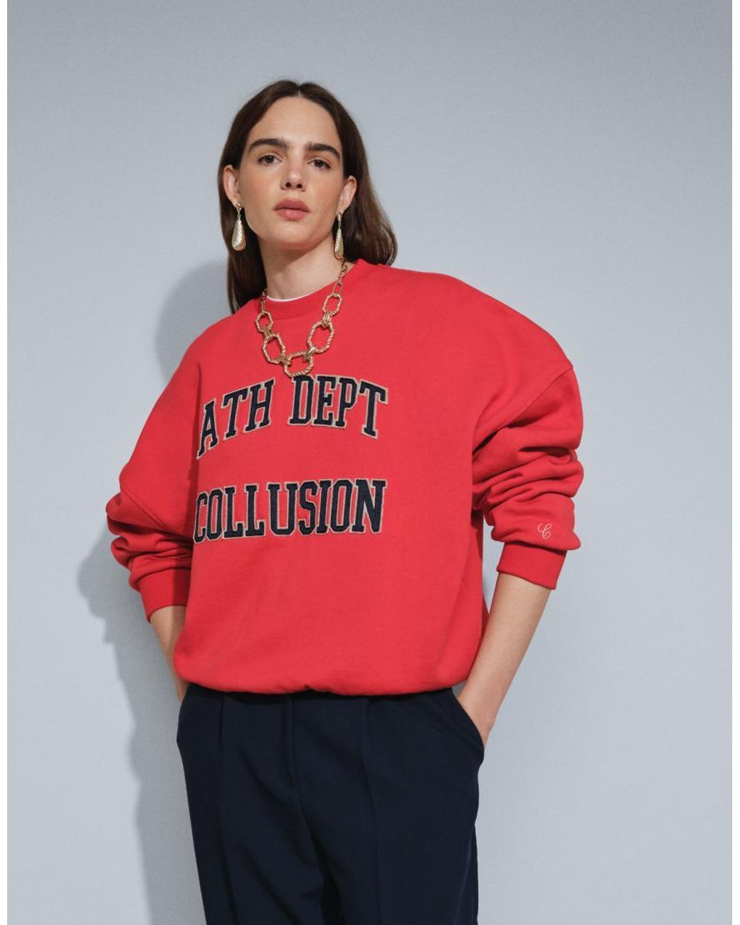 Collusion Red Boxy Sweat With Varsity Embroidery