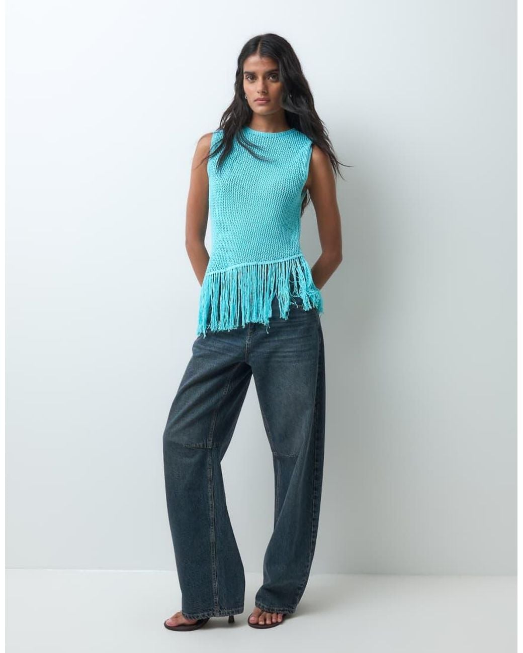 Miss Selfridge Blue Knitted Top With Fringing