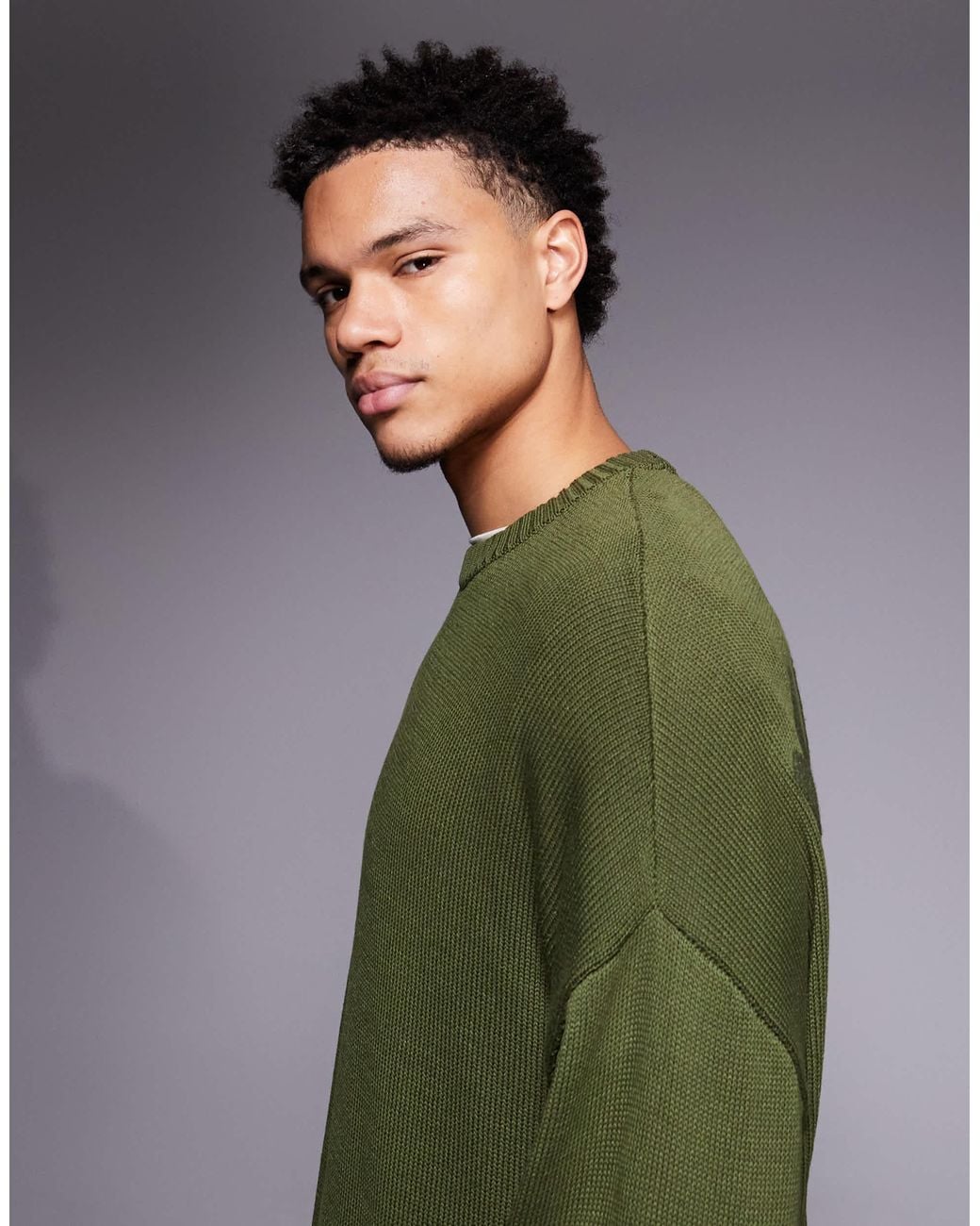 ASOS Green Oversized Knitted Crew Neck Jumper With Marais Back Embroidery for men