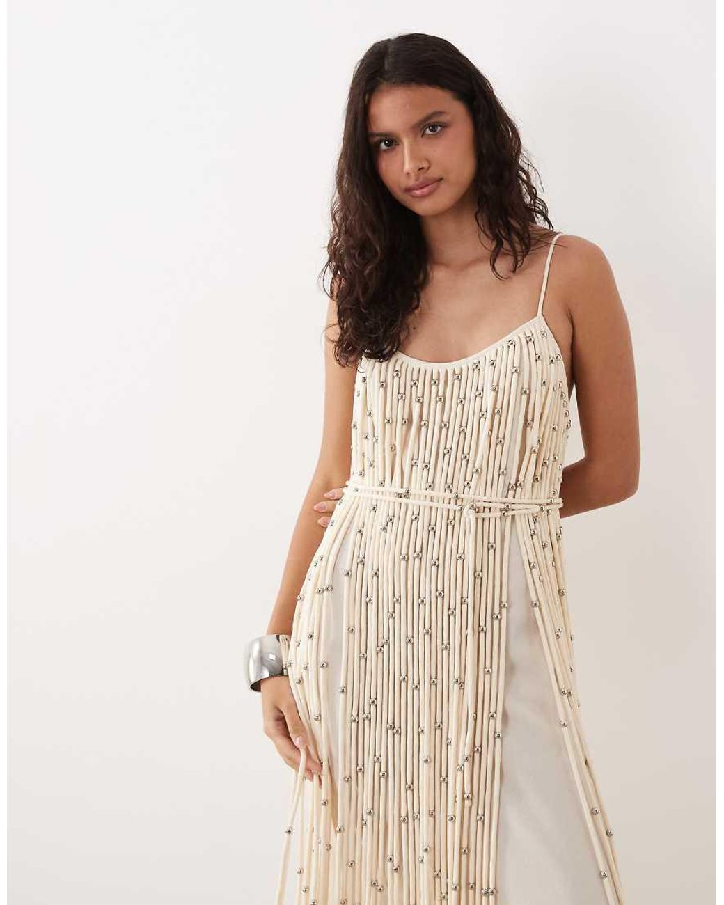 Mango Natural Premium Beaded Tassle Maxi Dress