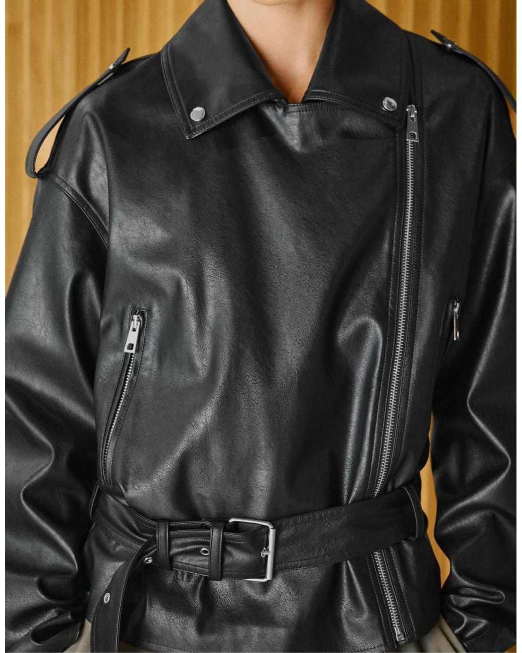 Stradivarius Black Leather Effect Biker Jacket With Belt