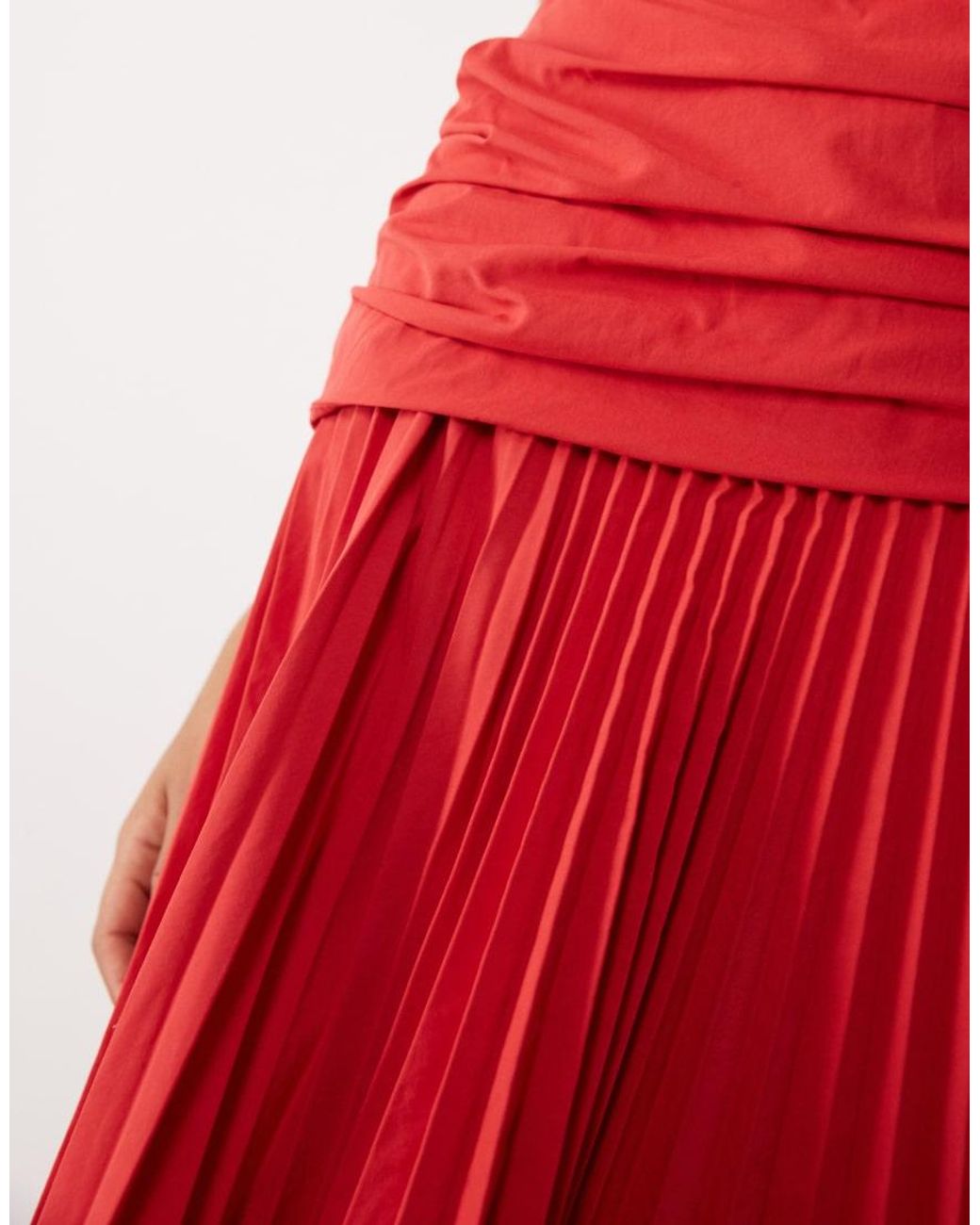 Mango Red Structu Off Shoulder Pleated Hem Maxi Dress