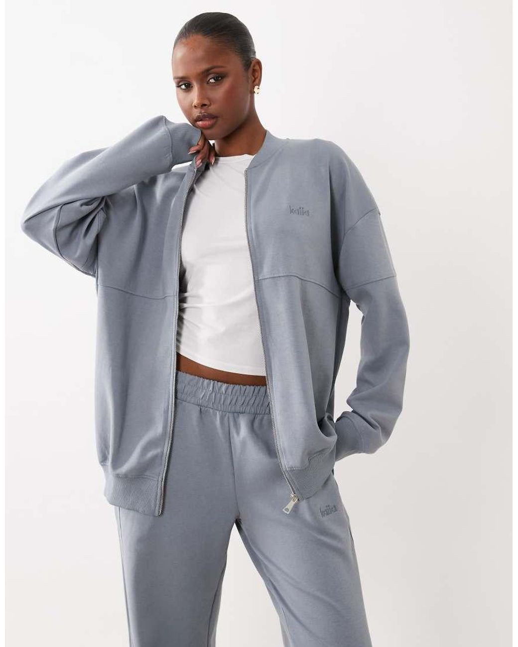 Kaiia Gray Cotton Rich Premium Interlock Oversized Zip Through Jacket Co-ord