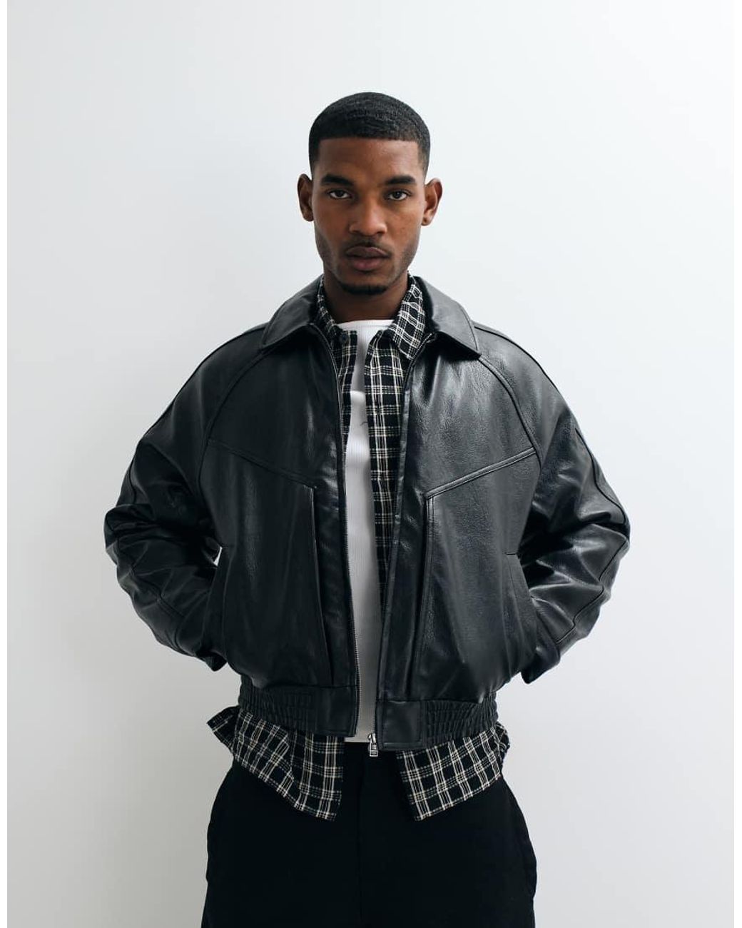 Cotton On Black Faux Leather Harrington Jacket for men