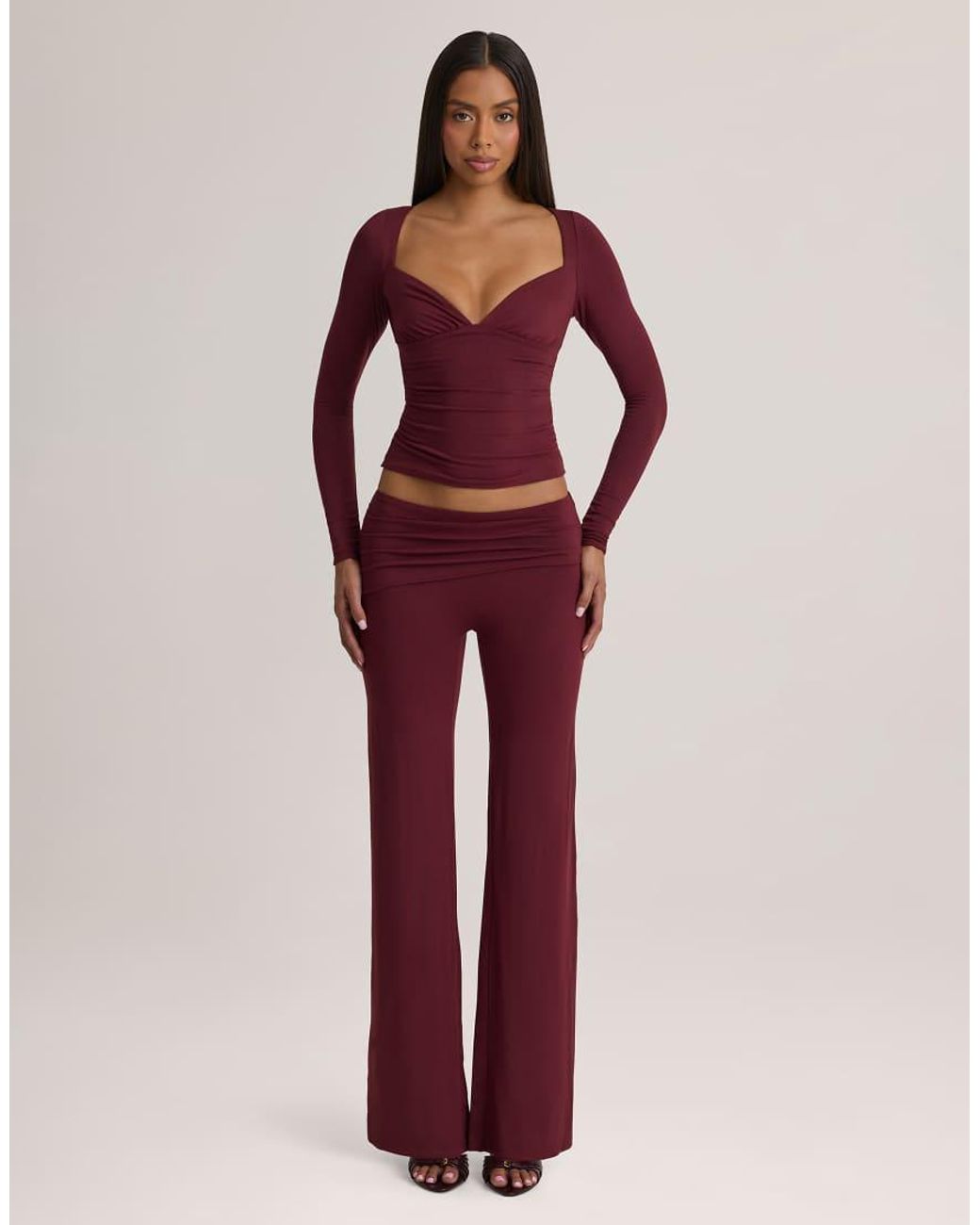 Oh Polly Red Modal V-neck Long Sleeve Ruched Waist Top Co-ord