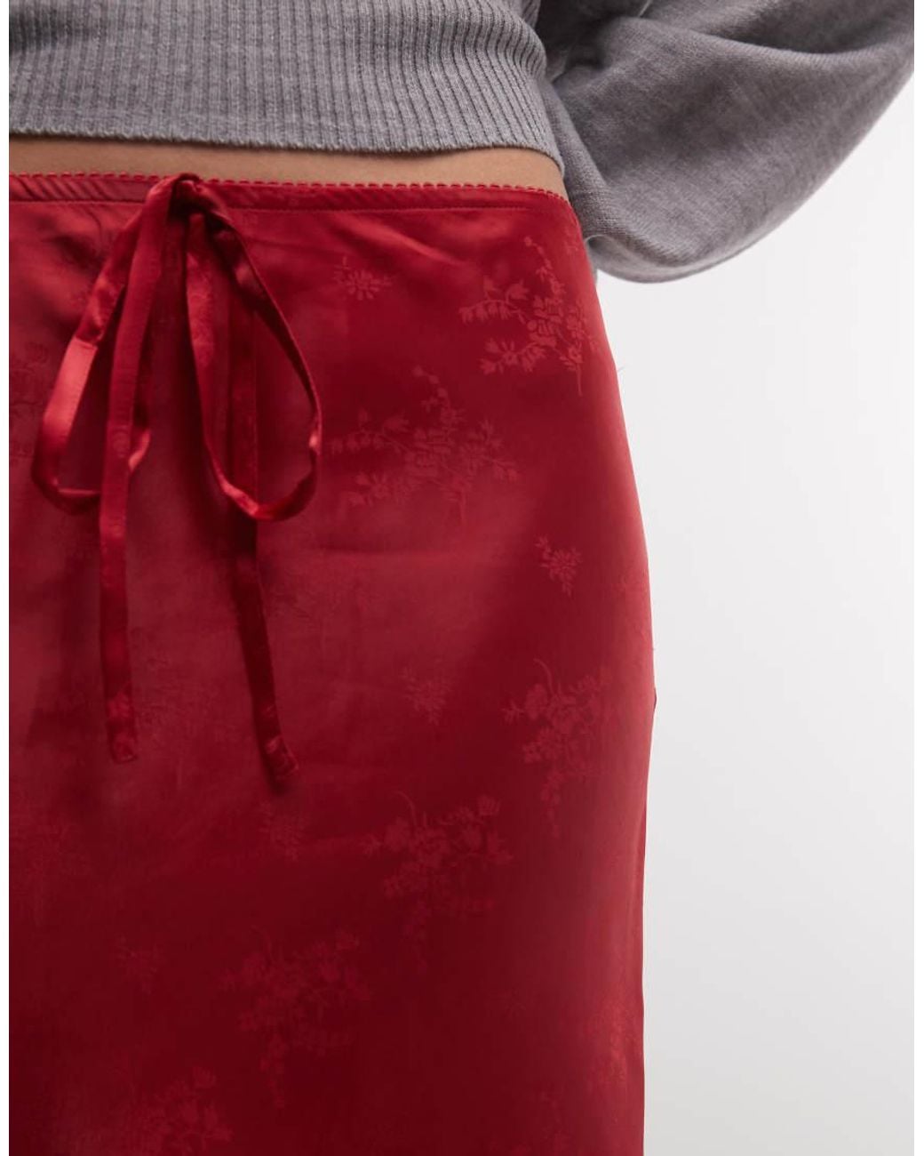 Reclaimed Vintage Red Awkward Length Satin Jacquard Midi Skirt With Lace Trim