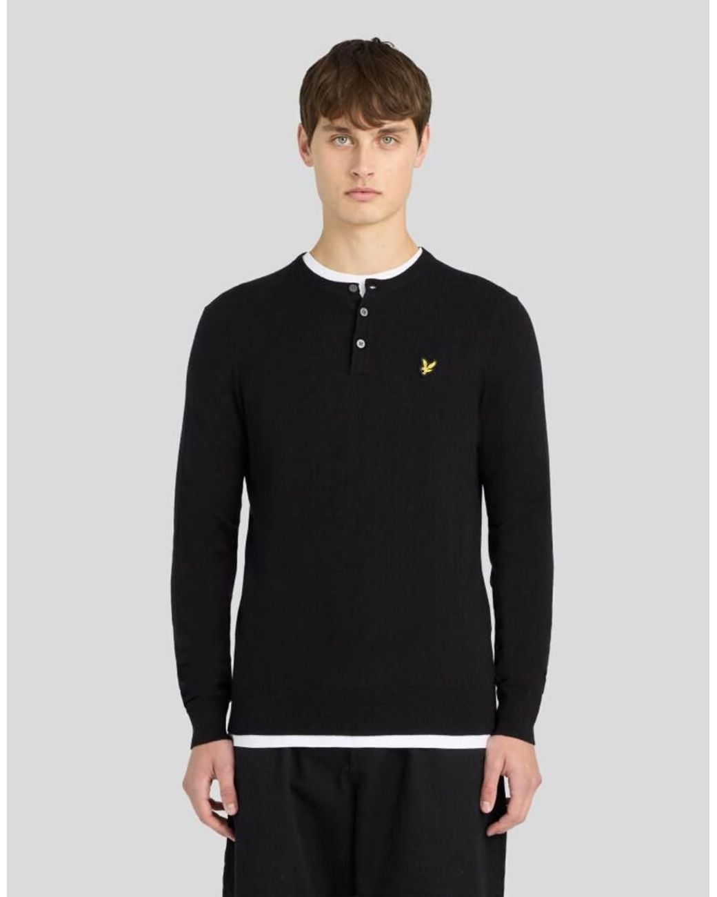 Lyle & Scott Black Mid Knits Cotton Merino Henley Jumper for men