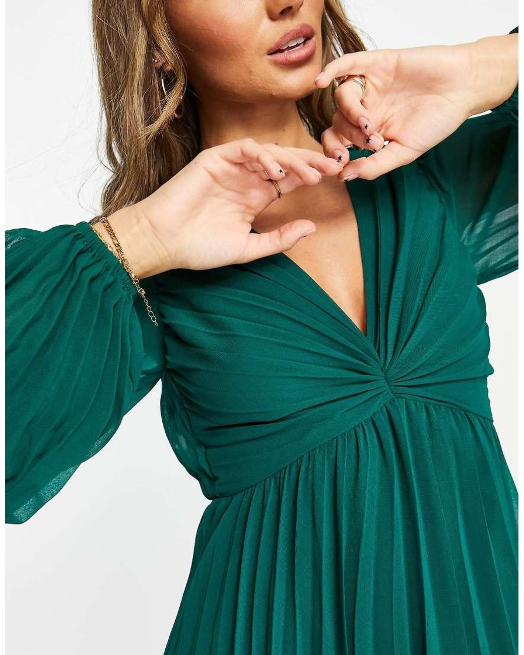 ASOS Green Pleated Bodice Plunge Neck Midi Dress