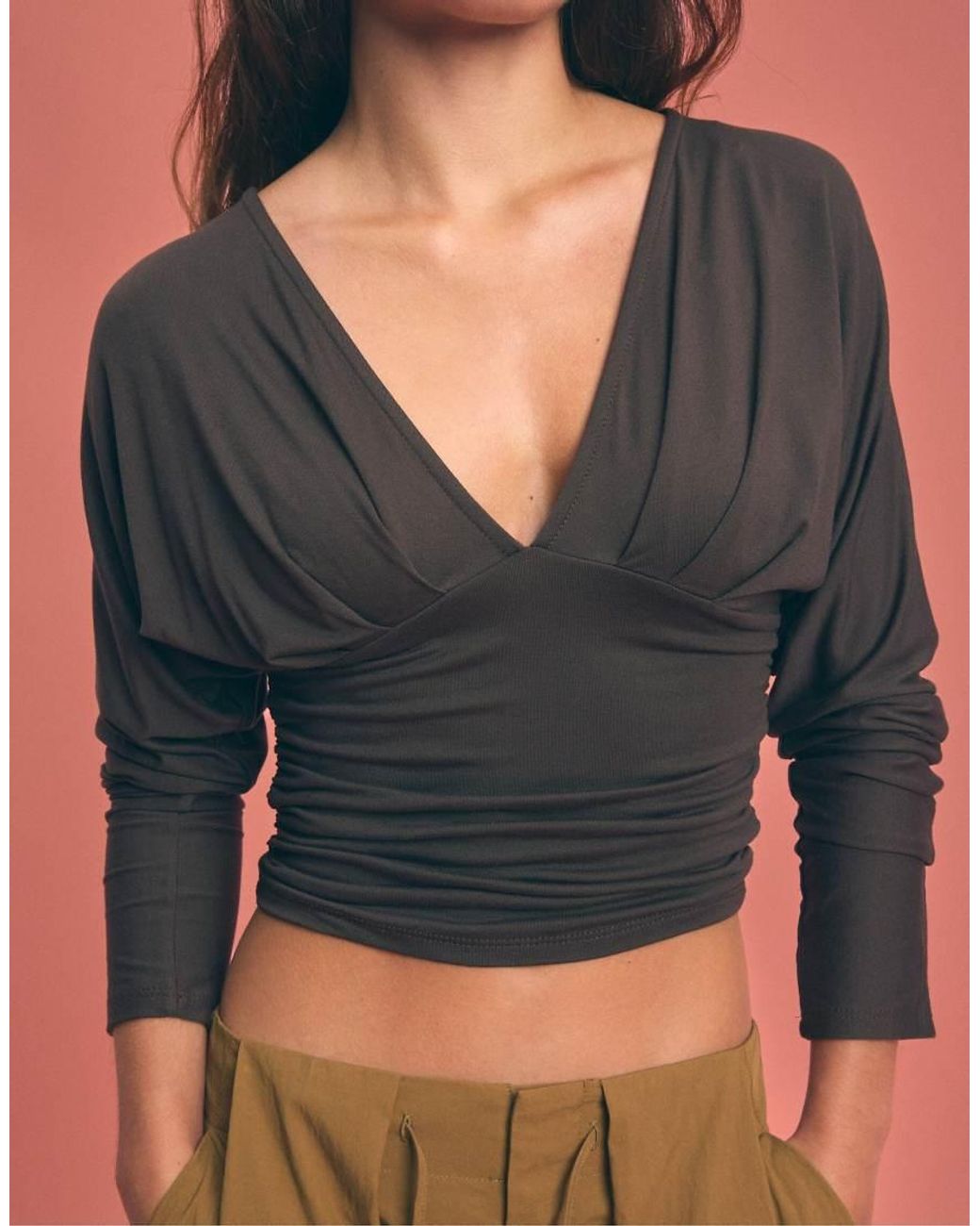 Stradivarius Brown Long Sleeve V-neck T-shirt