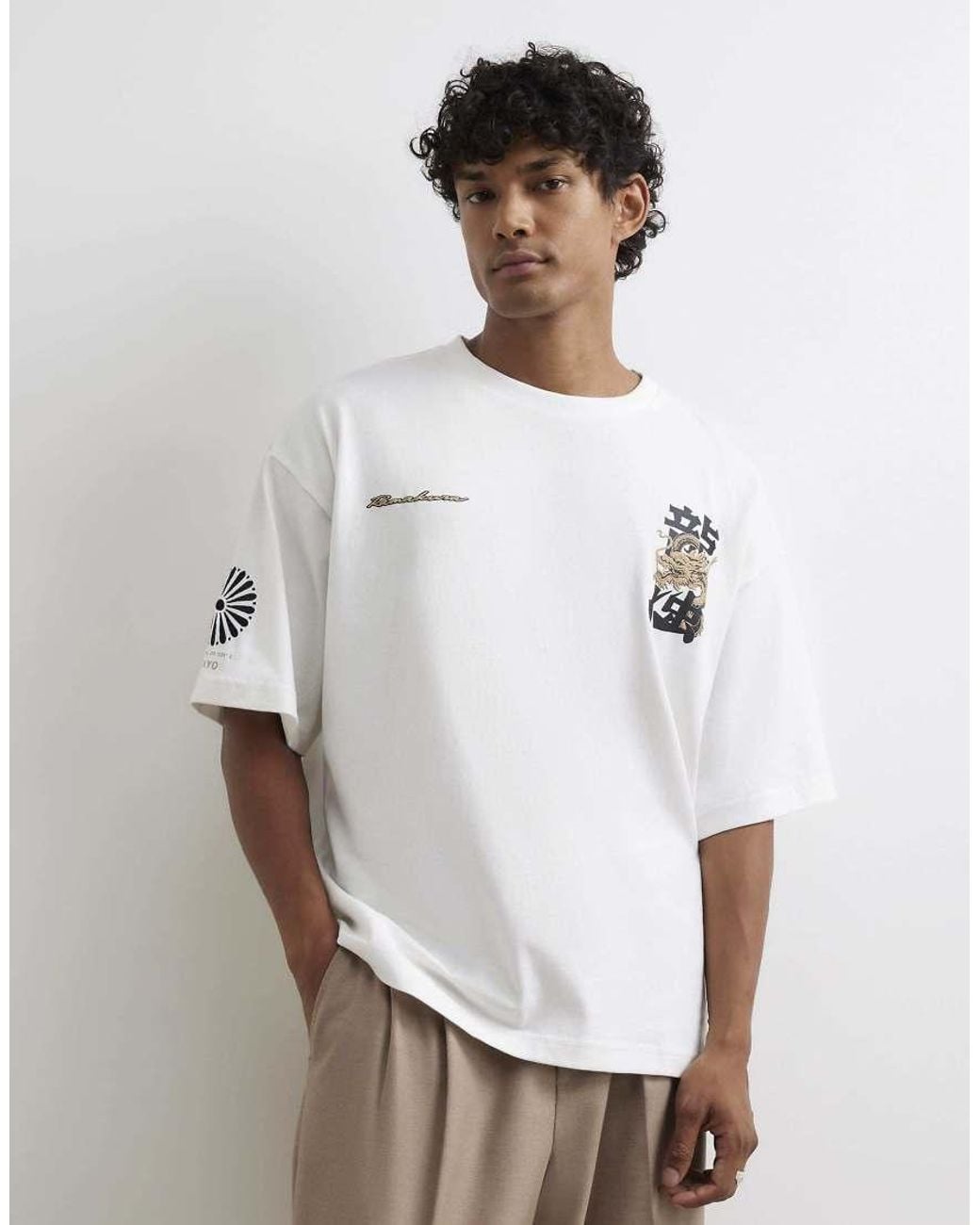 River Island Gray Cotton Japanese Dragon T-Shirt for men