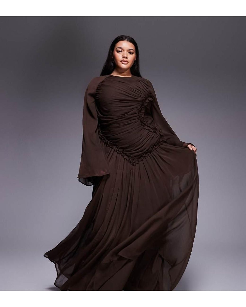 ASOS Brown Asos Design Curve Crinkle Chiffon Gathered Maxi Dress With Micro Ruffles