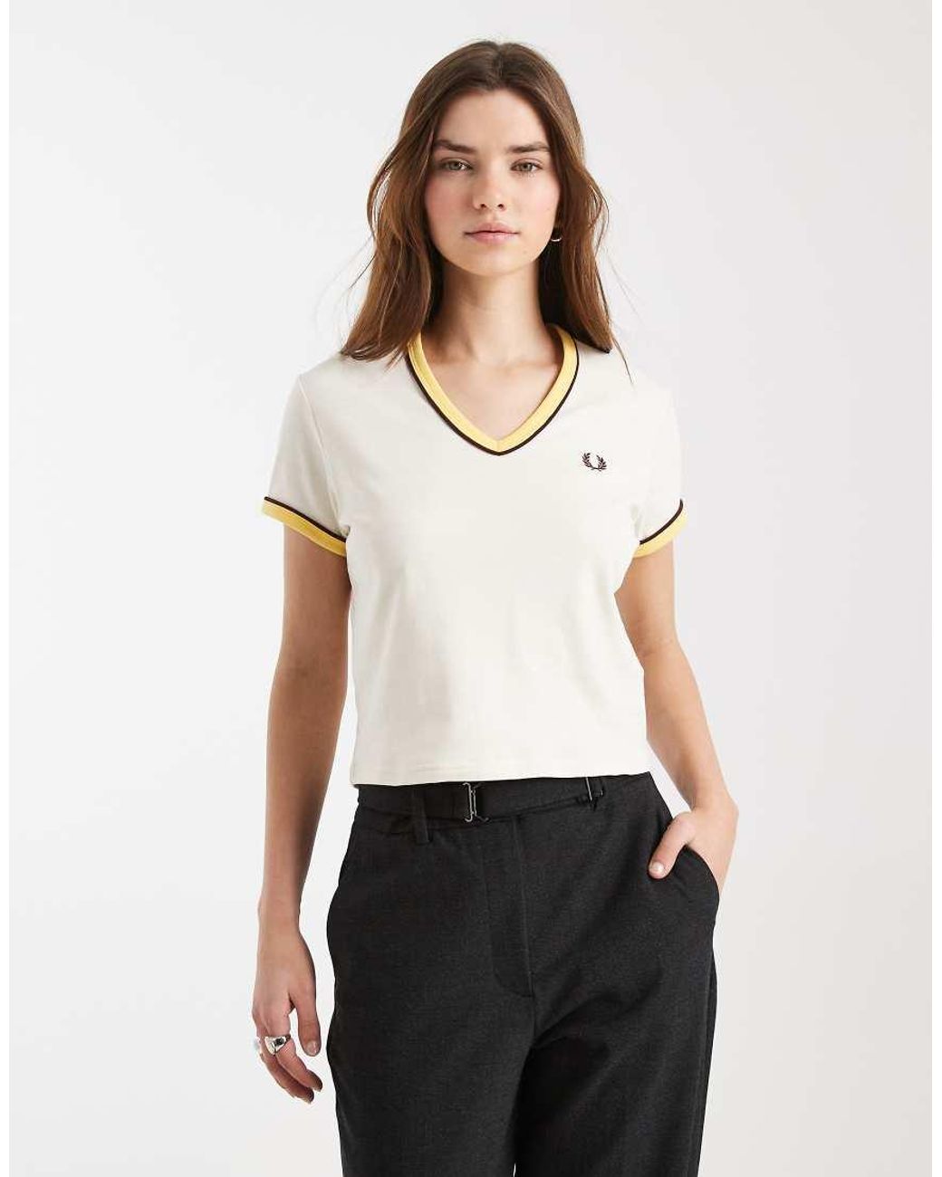Fred Perry White Piped Seams Logo V Neck T-Shirt