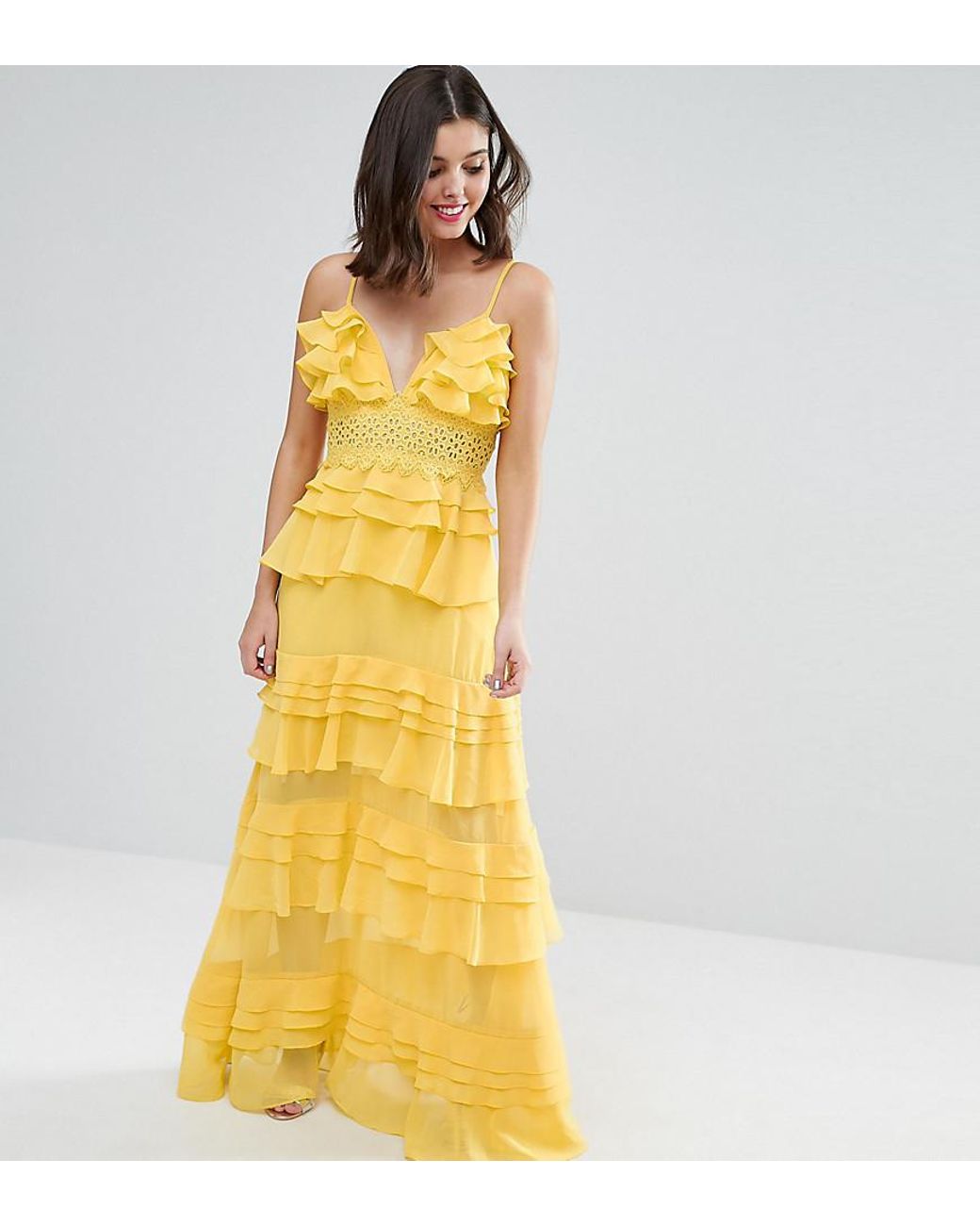 True Decadence Chiffon Plunge Front Tiered Ruffle Maxi Dress in Yellow ...