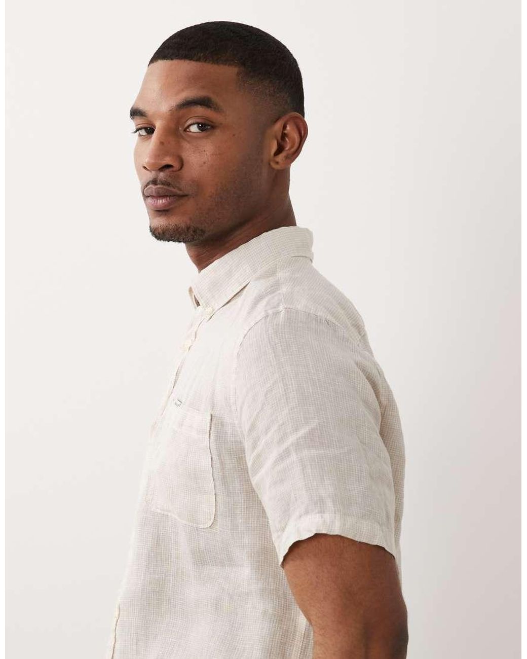Barbour Natural Linton Short Sleeve Linen Tailored Logo Shirt for men