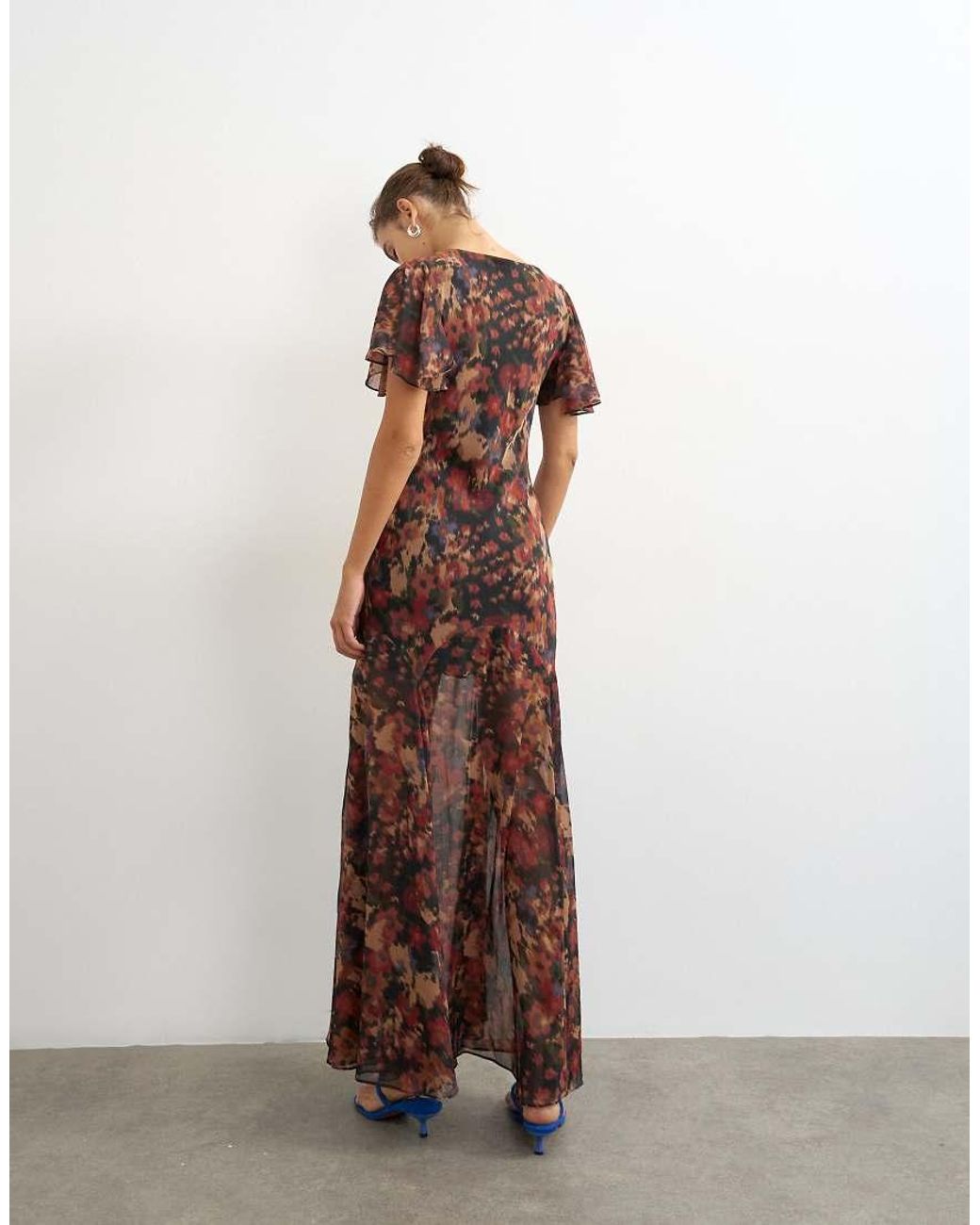 TOPSHOP Brown Flutter Sleeve Floral Print Maxi Dress-multi