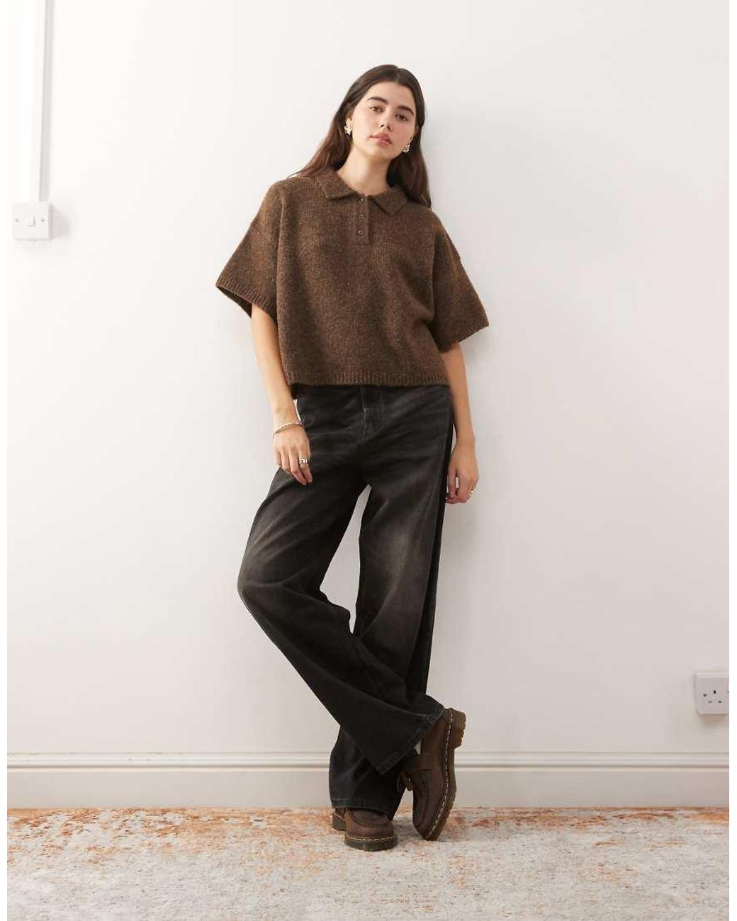 Collusion Brown Knitted Short Sleeve Polo