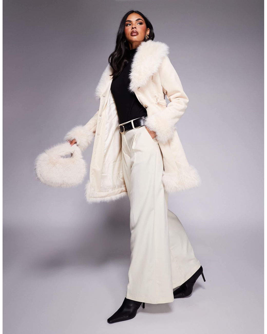 Princess Polly Simmer Lane Suedette Faux Fur Trim Belted Longline