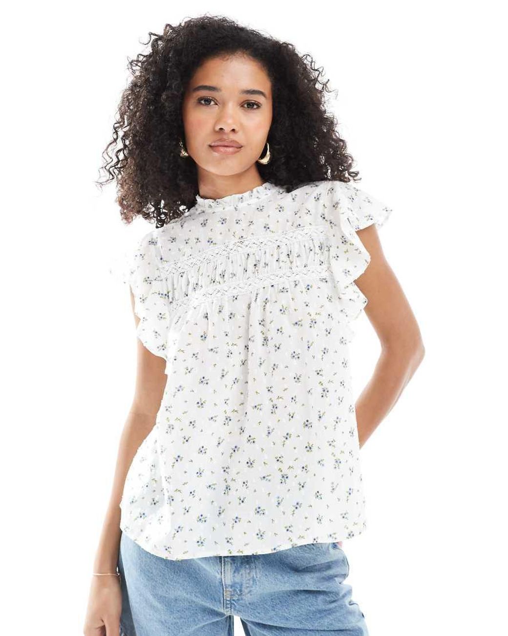 Vero Moda White High Neck Flutter Sleeved Embroidered Top