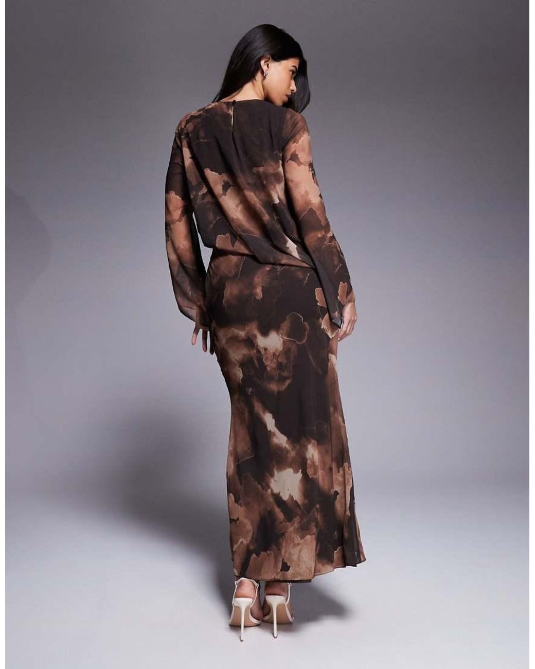 DASKA Brown Chiffon Asymmetric Blouson Top Maxi Dress