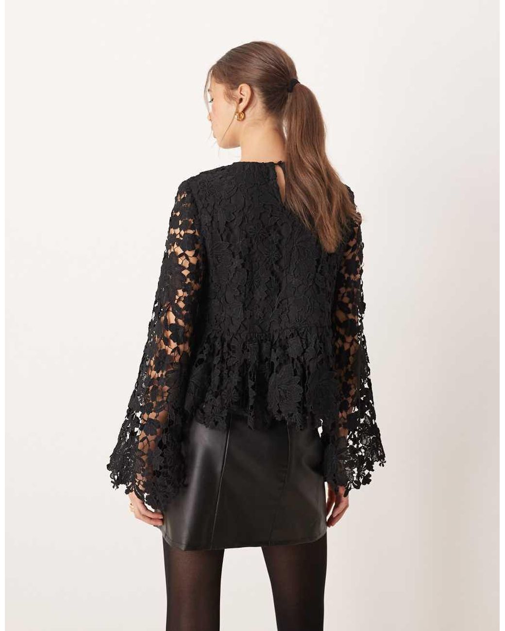 Lovedrobe Black Floral Lace Bell Sleeve Peplum Top