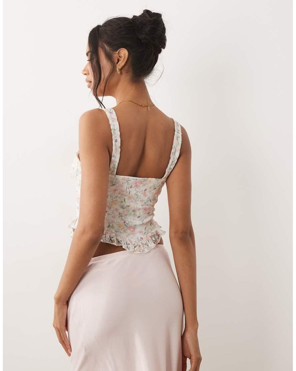 ASOS Natural Floral Lace Corset Top With Ruffle Hem