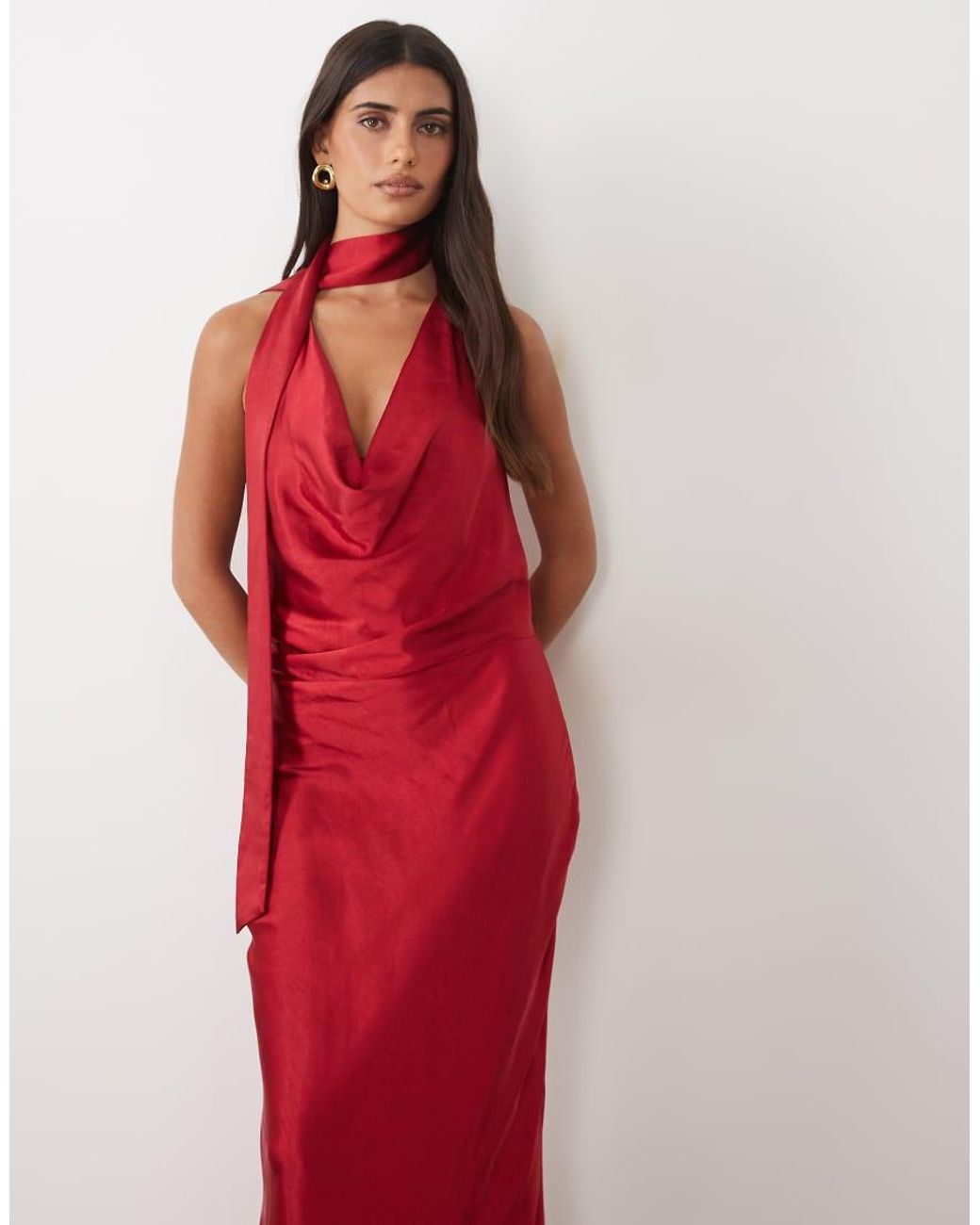 TFNC London Hammered Satin Cowl Neck Scarf Detail Maxi Dress