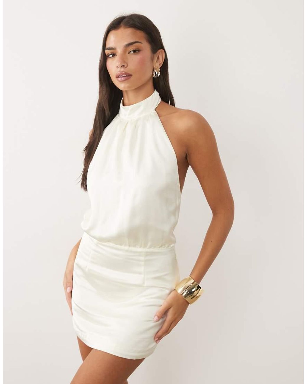 Aria Cove White Satin High Neck Fitted Skirt Mini Dress