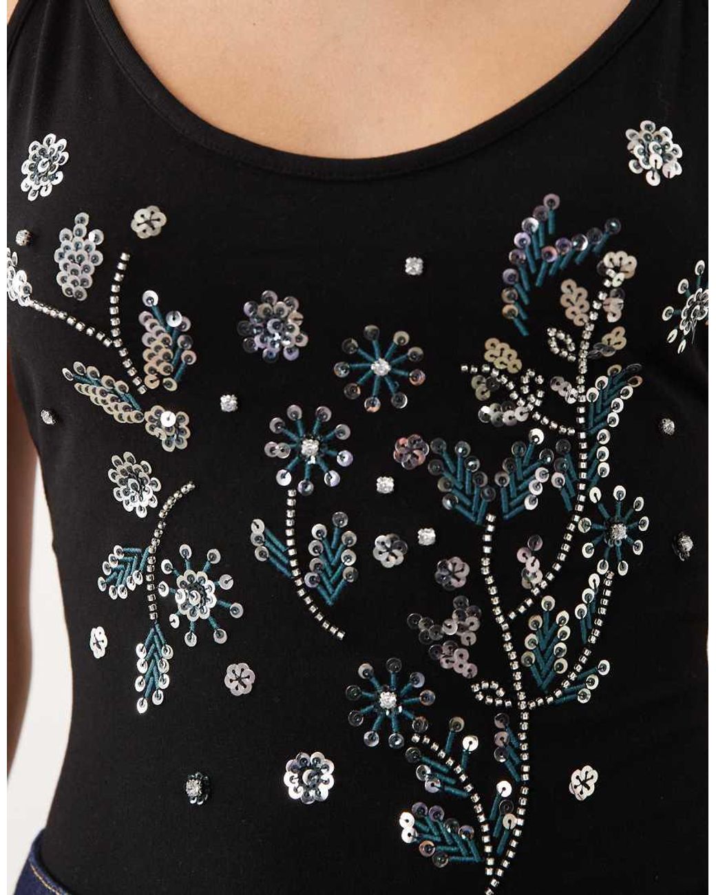 Miss Selfridge Black Festival Embellished Tie Shoulder Bodysuit