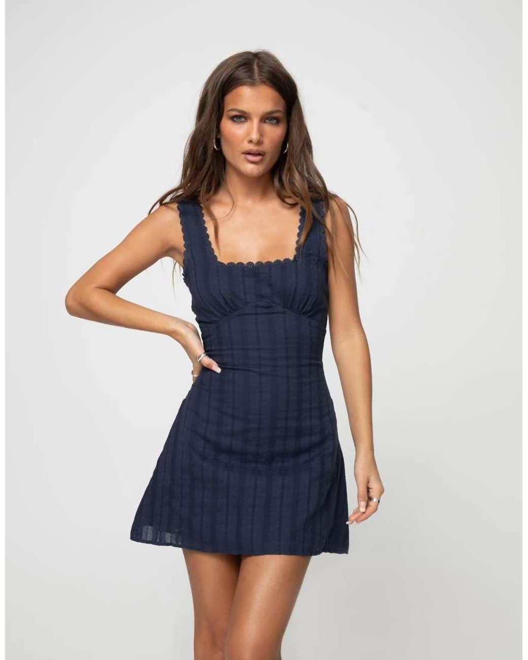 Princess Polly Blue Marcelline Cotton Embroidered Scallop Trim Square Neck Mini Dress