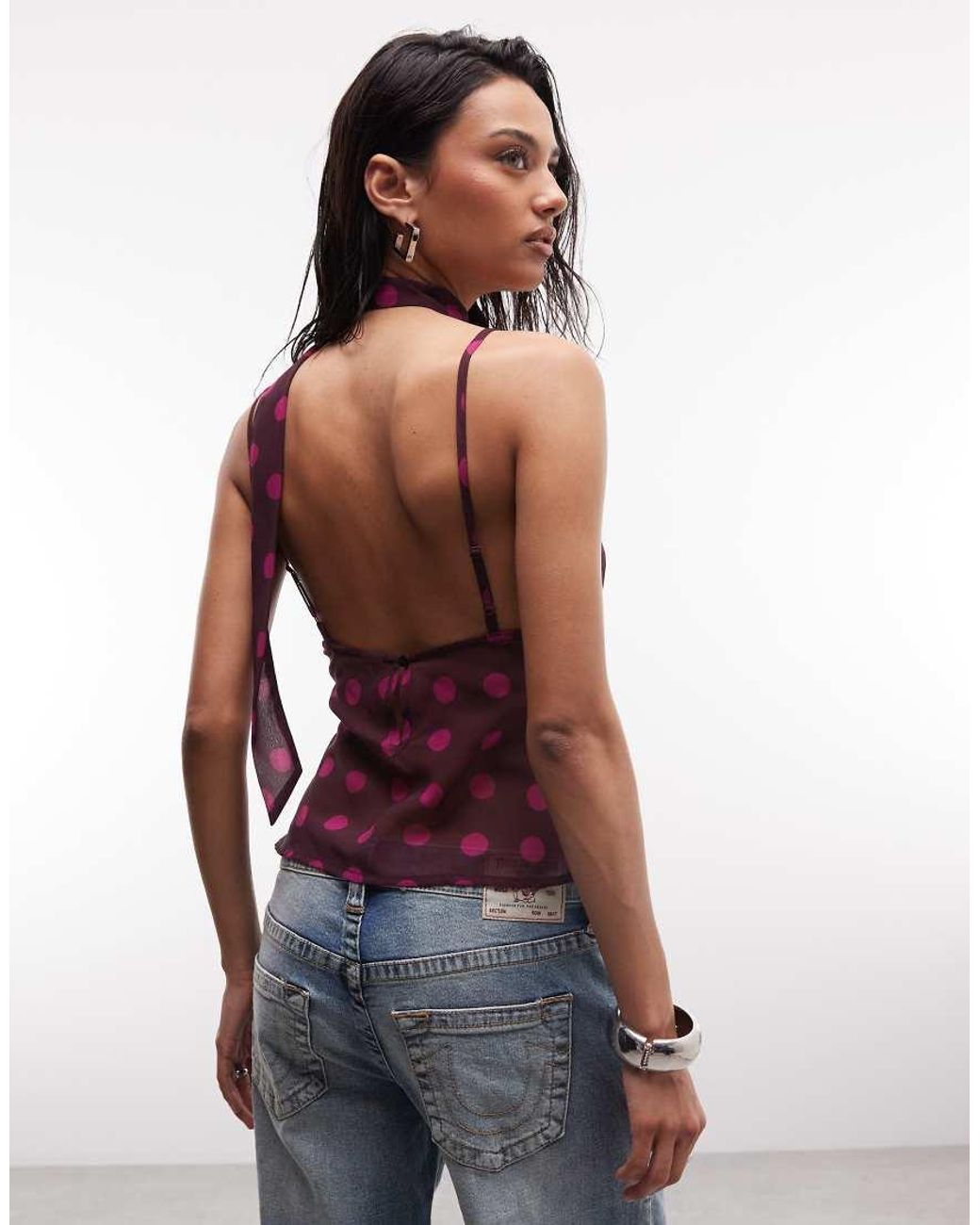 Collusion Red Chiffon Polka Dot Cami Top With Scarf
