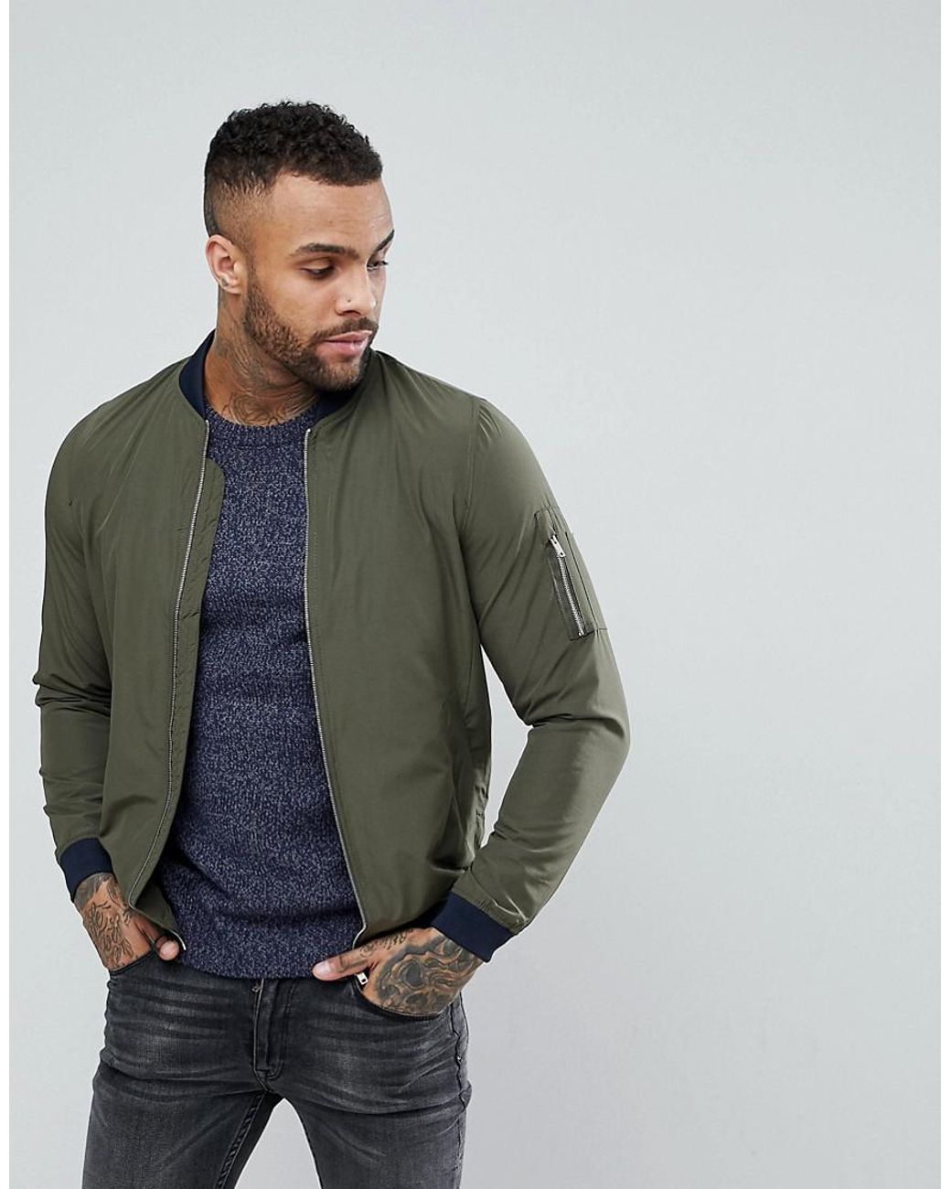 Pull\u0026Bear Denim Bomber Jacket In Khaki 
