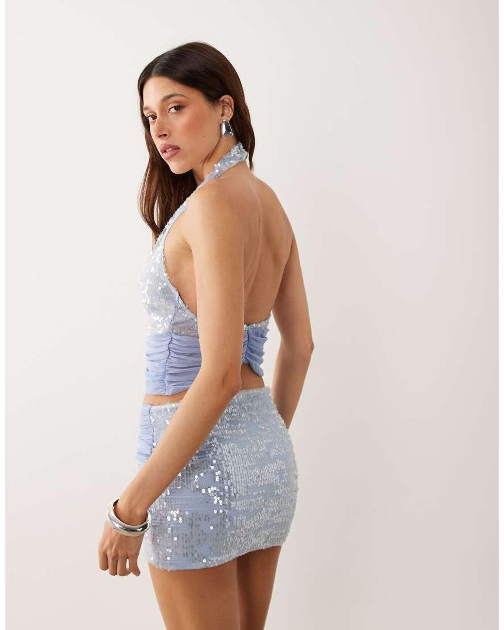 ASOS Blue Sequin Plunged Halterneck Top Set