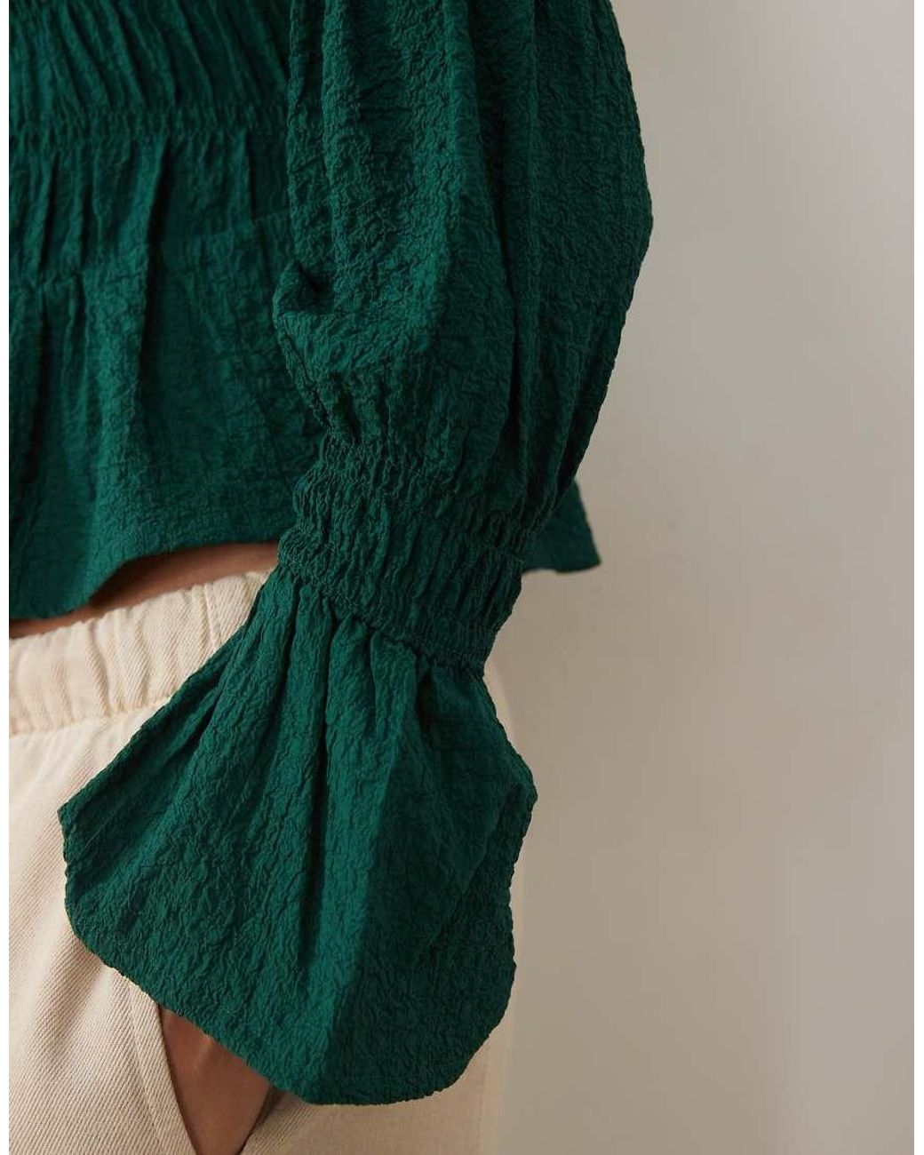 Wednesday's Girl Green Bell Sleeve Shirred Top