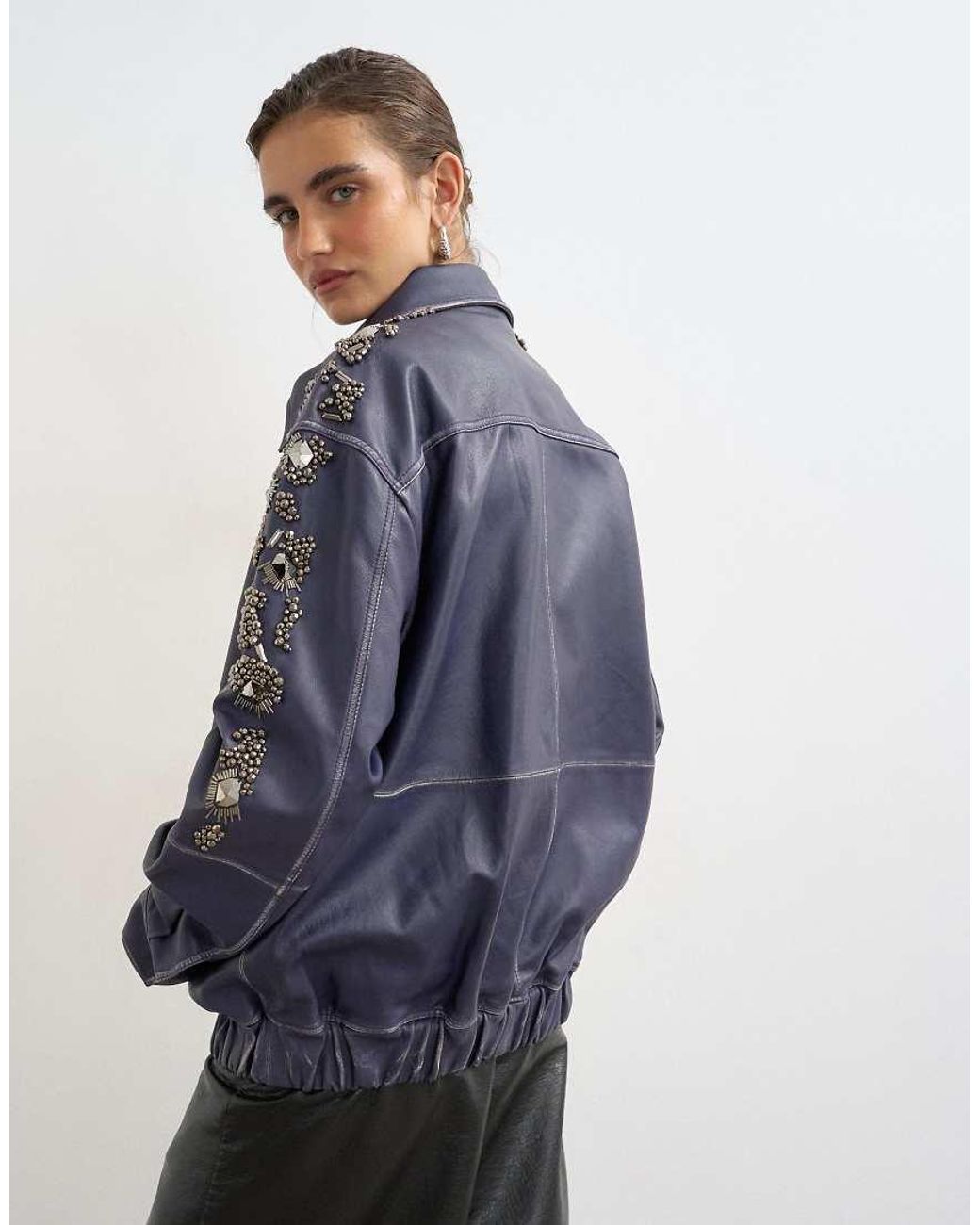 TOPSHOP Blue Beaded Real Leather Jacket