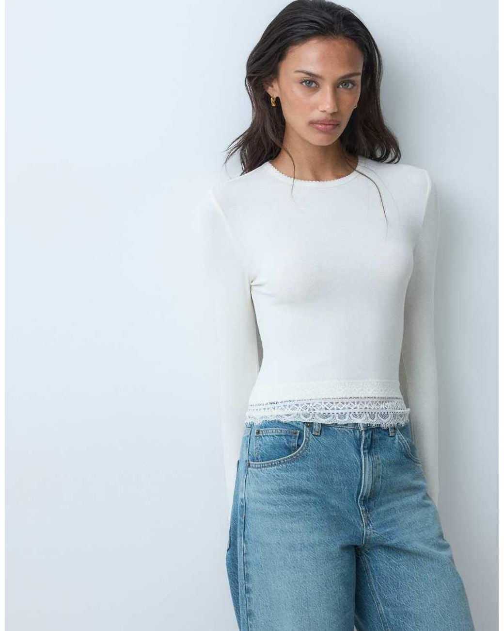 Miss Selfridge White Lace Trim Crew Neck Top