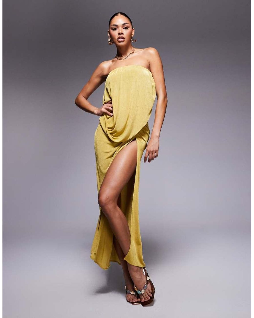 ASOS Yellow Slinky Pleat Detail Bandeau Maxi Dress With Drape Skirt
