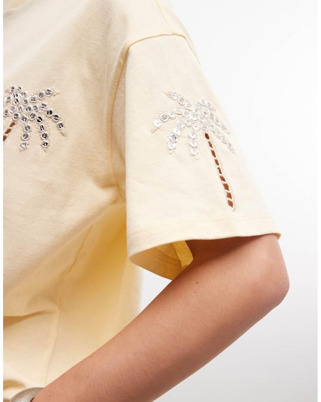 Miss Selfridge Natural Embellished Palm Tree Oversized Tee