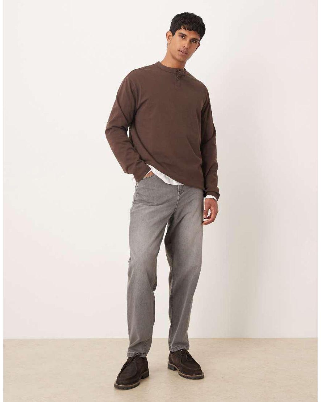 ASOS Ruimvallend T-Shirt Van Zwaar Geborsteld Katoen Met Lange Mouwen En Henley-Hals in het Brown voor heren