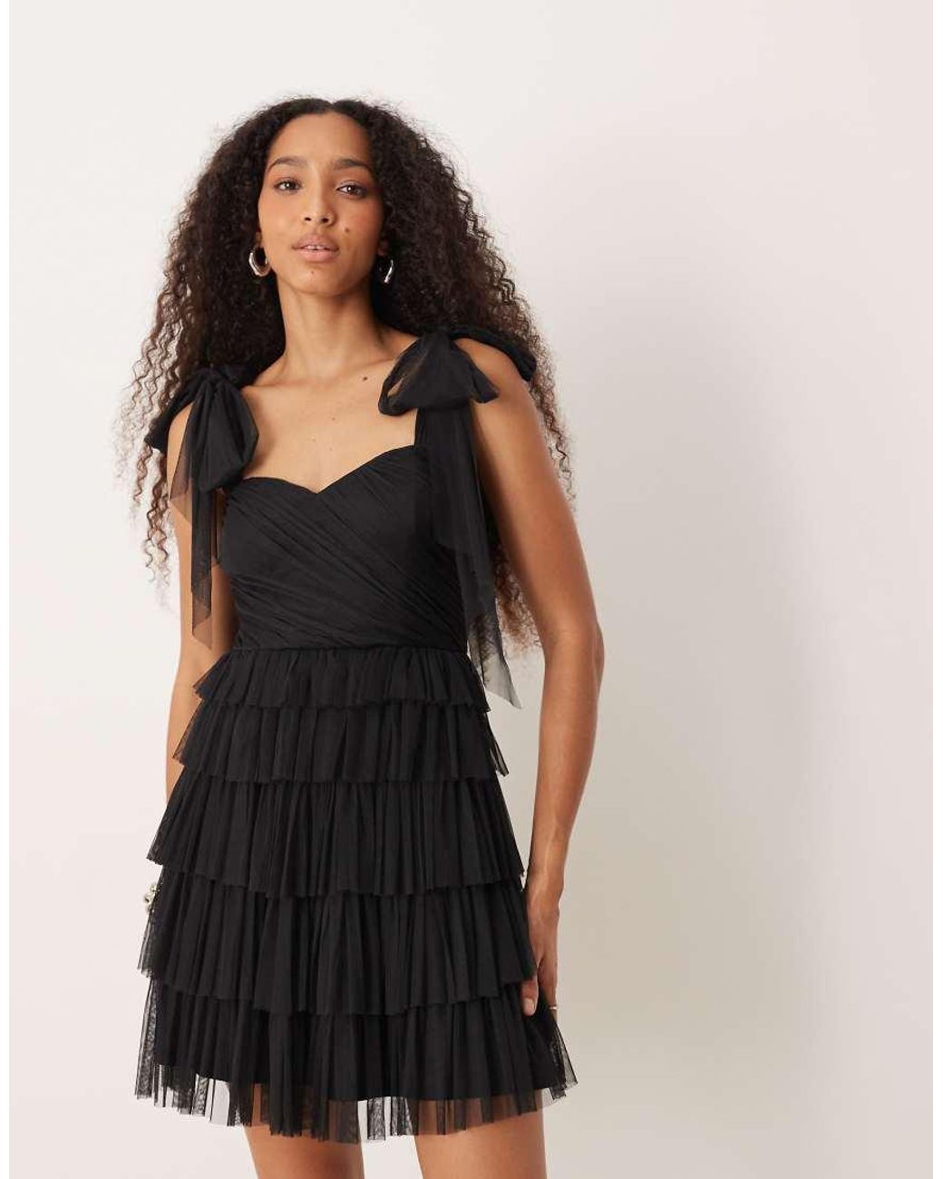 LACE & BEADS Black Bow Shoulder Tulle Ruffle Mini Dress