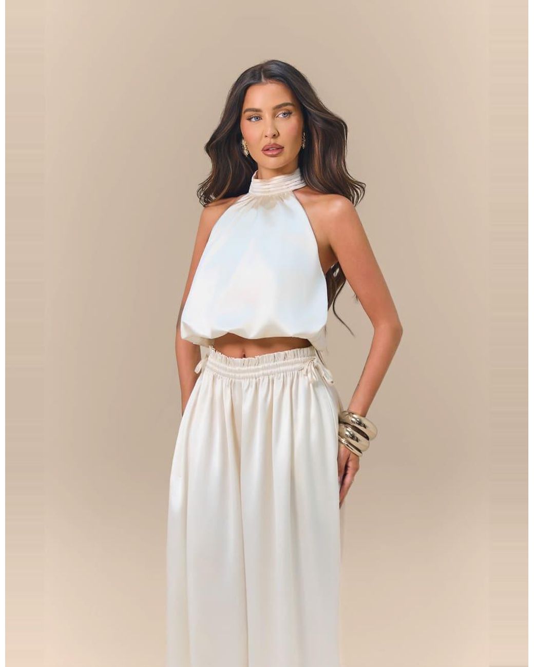 Wanderdoll Green Wander Doll X Emma Milton Summa Satin High-neck Halterneck Bubble-hem Top