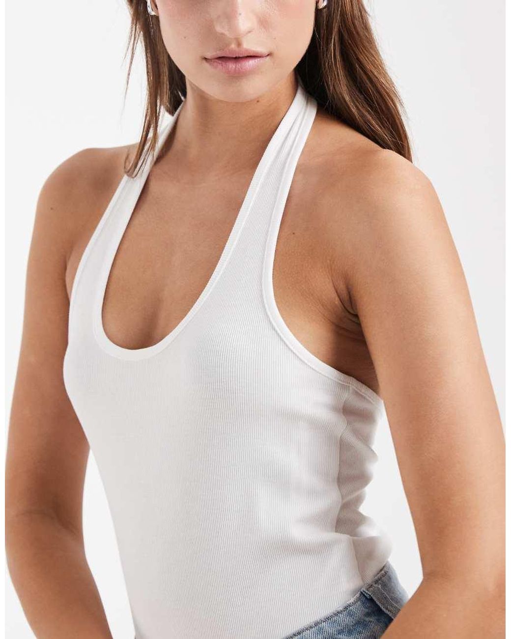 & Other Stories Blue Ribbed Jersey Halterneck Bodysuit