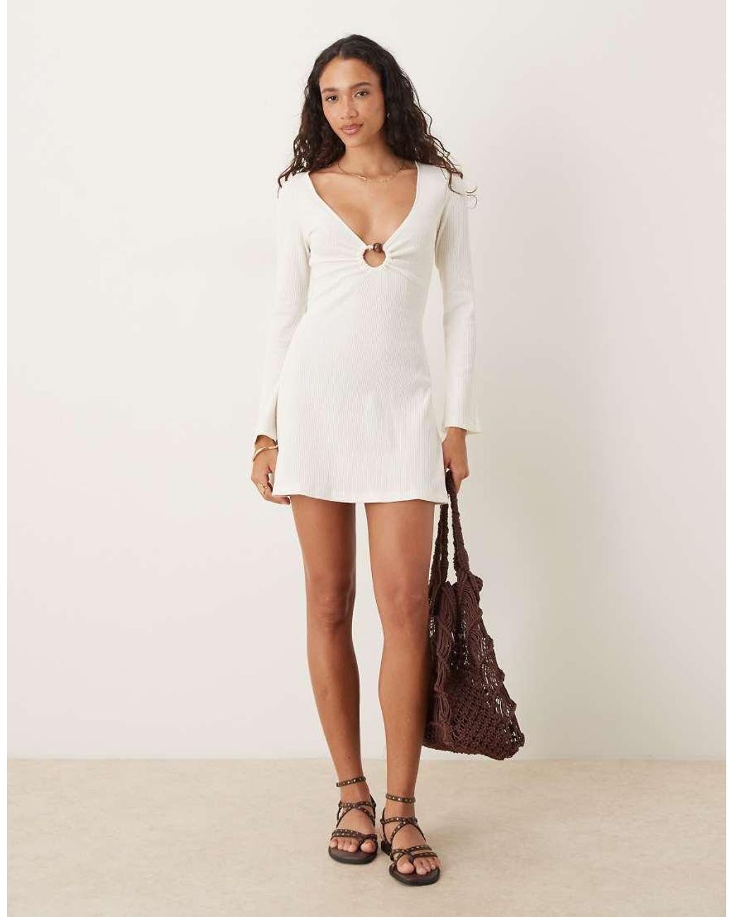 ASOS Natural Crochet Long Sleeve Hardware Detail Mini Dress
