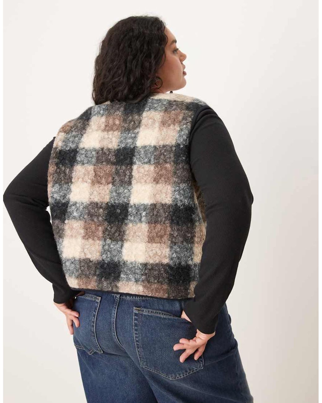 ASOS Black Asos Design Curve Borg Fleece Vest With Check Design And Bow Design