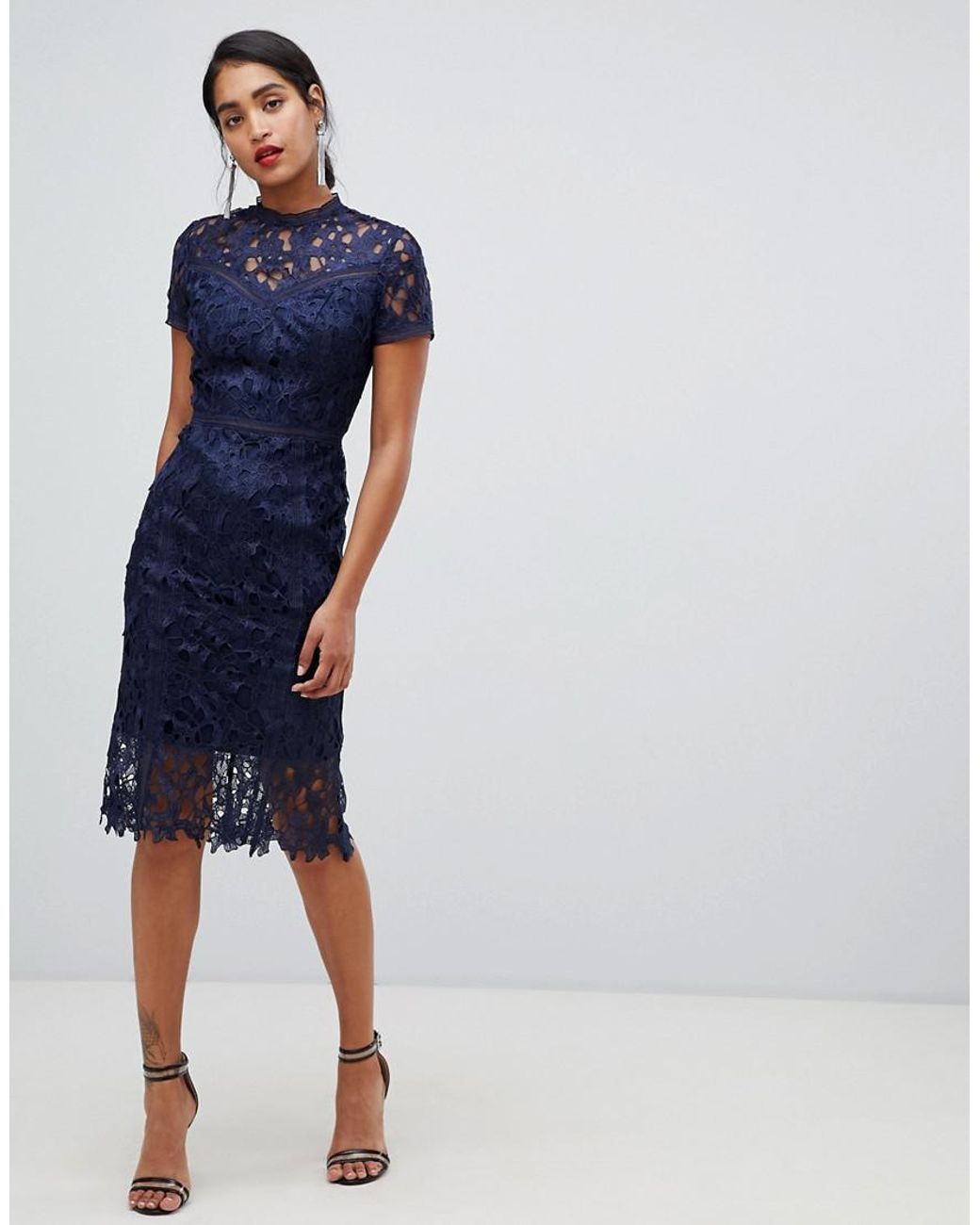 Chi Chi London High Neck Lace Pencil Dress in Blue | Lyst