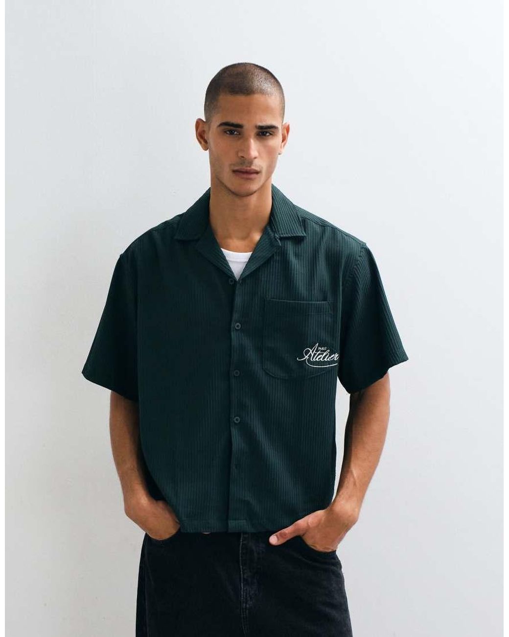 ASOS Blue Boxy Oversized Revere Ribbed Shirt With Pocket Embroidery for men