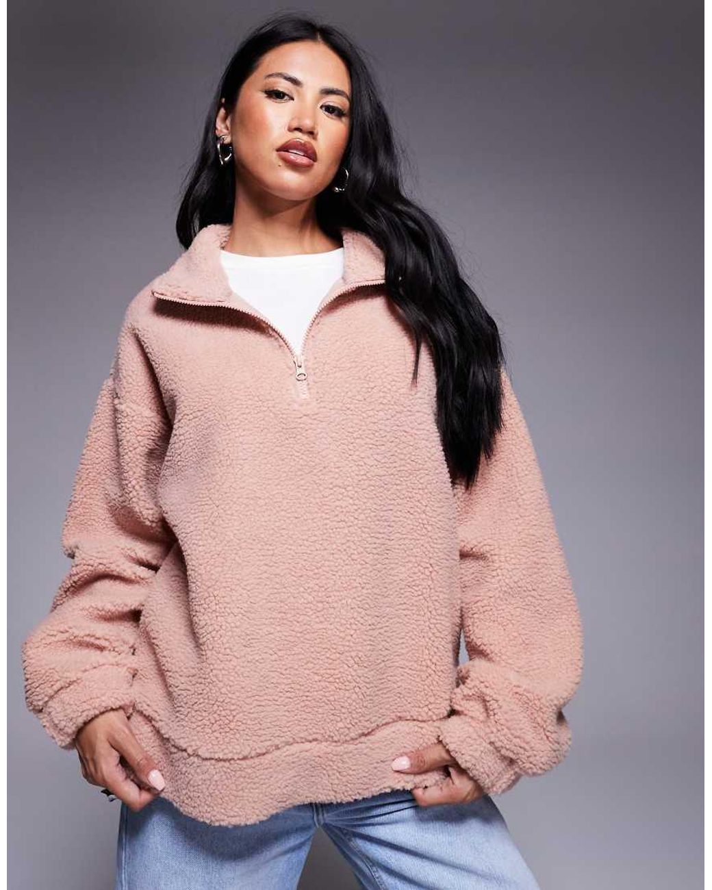 ASOS Pink Weekend Collective Borg Zip Through Fleece With Burnout Graphic
