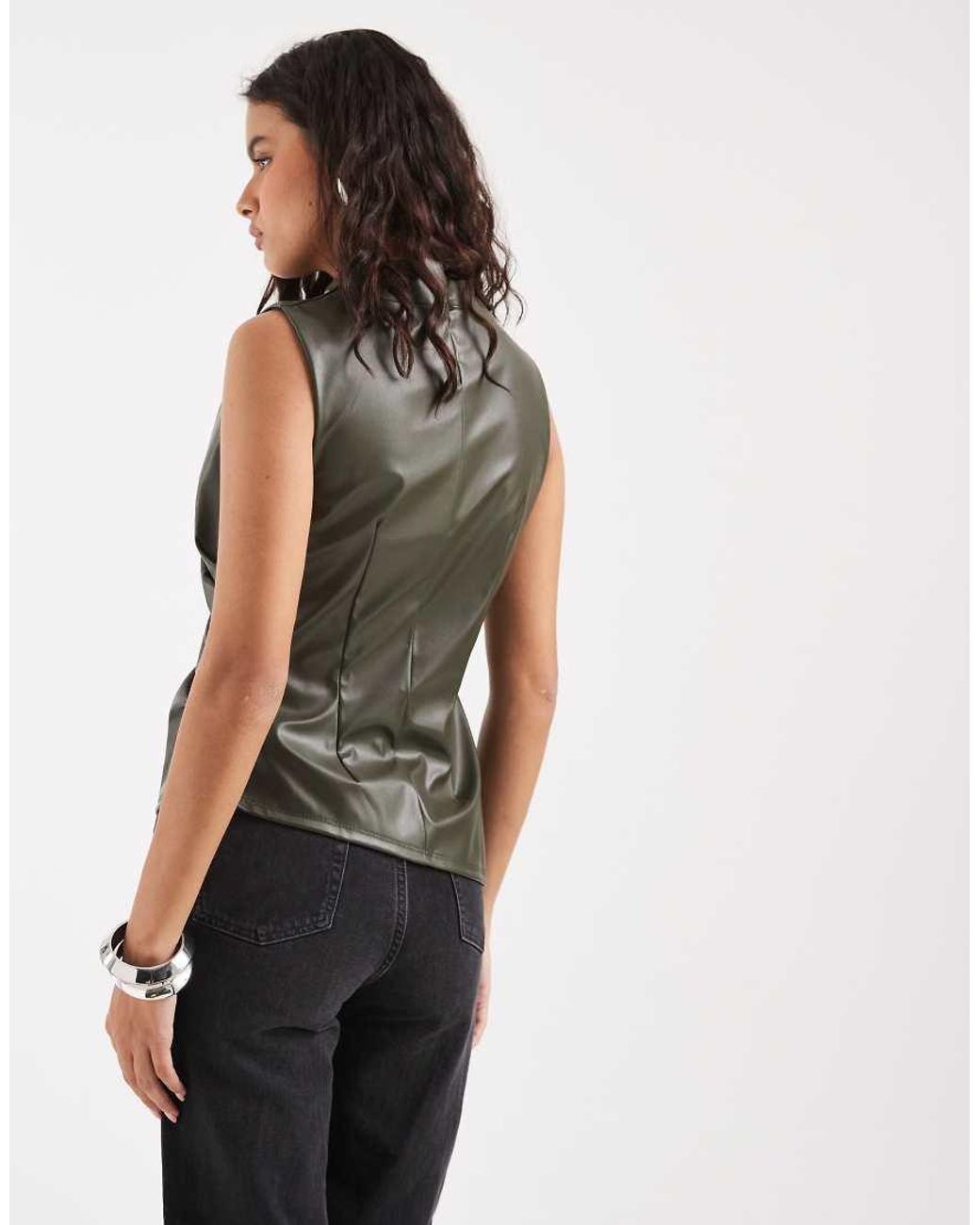 River Island Green Ruched Faux Leather Top