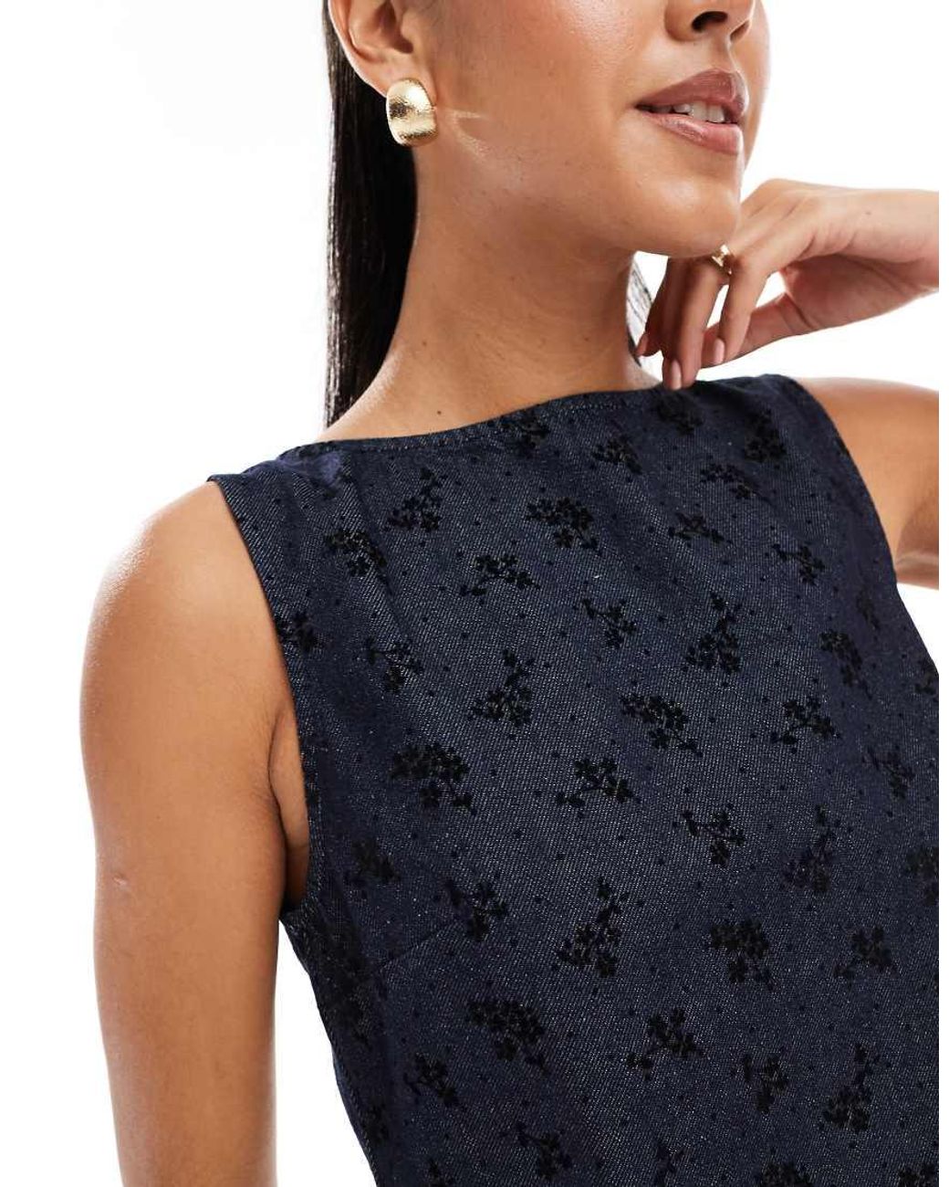 ASOS Blue Denim Shift Dress With Ditsy Floral Flock