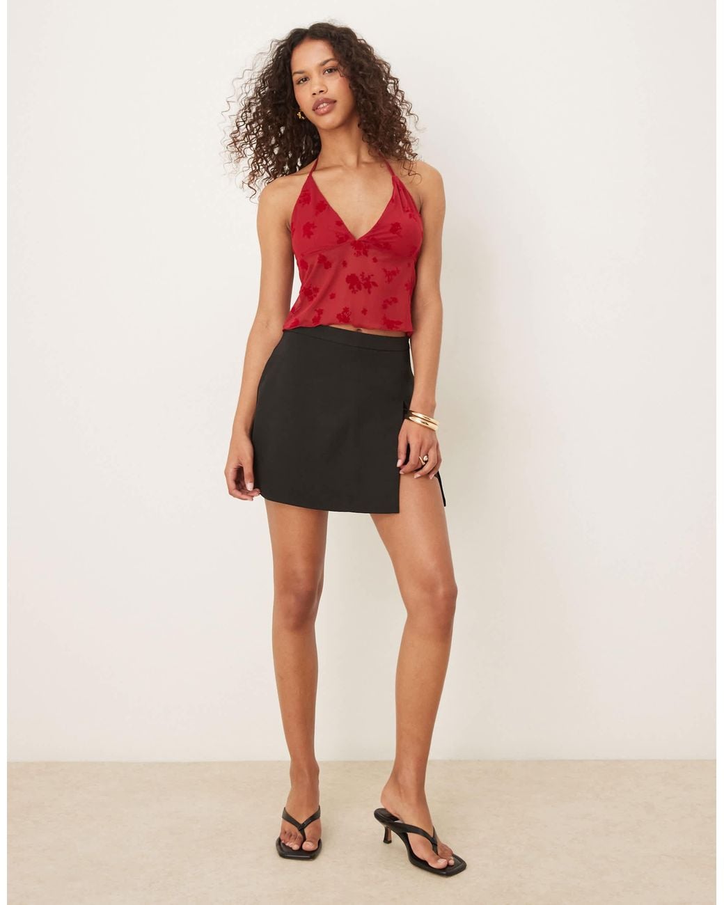 ASOS Red Flocked Mesh Plunge Frill Halter Top