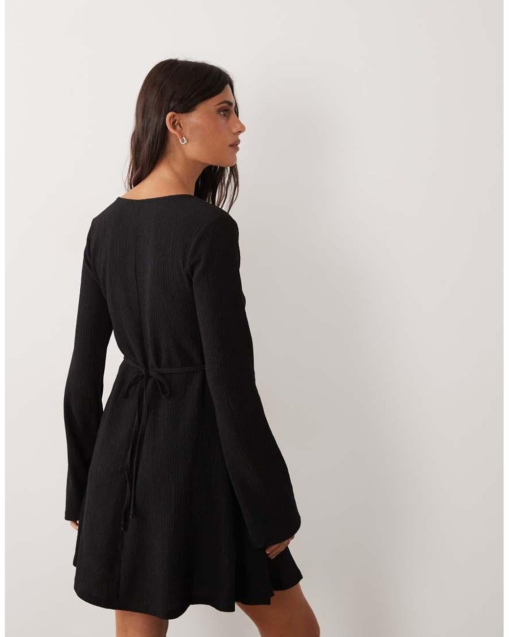 New Look Black Crinkle Flared Sleeve Button Mini Dress